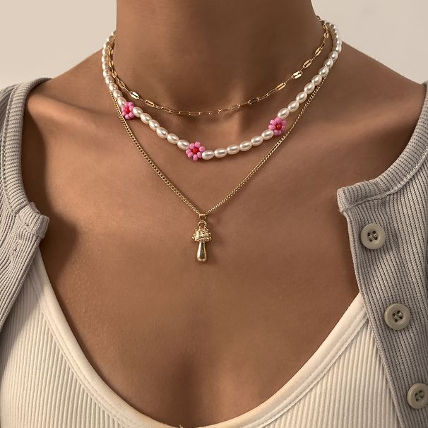 Jewelry Creative Small Mushroom Woven Flower For Women's Countryside Pearl Thin Chain Multi-layer Necklace_ipsvogv.com