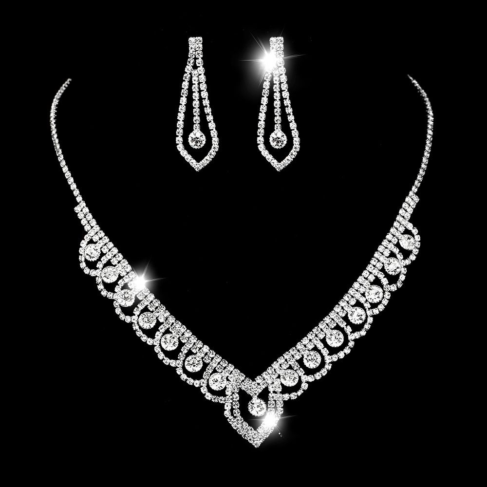 Bridal Jewelry Set - Lace Water Diamond 925 Silver Necklace (Wedding Photography, 16-18 Inch Chain, Matching Earrings, Luxury Gift Box)_ipsvogv.com