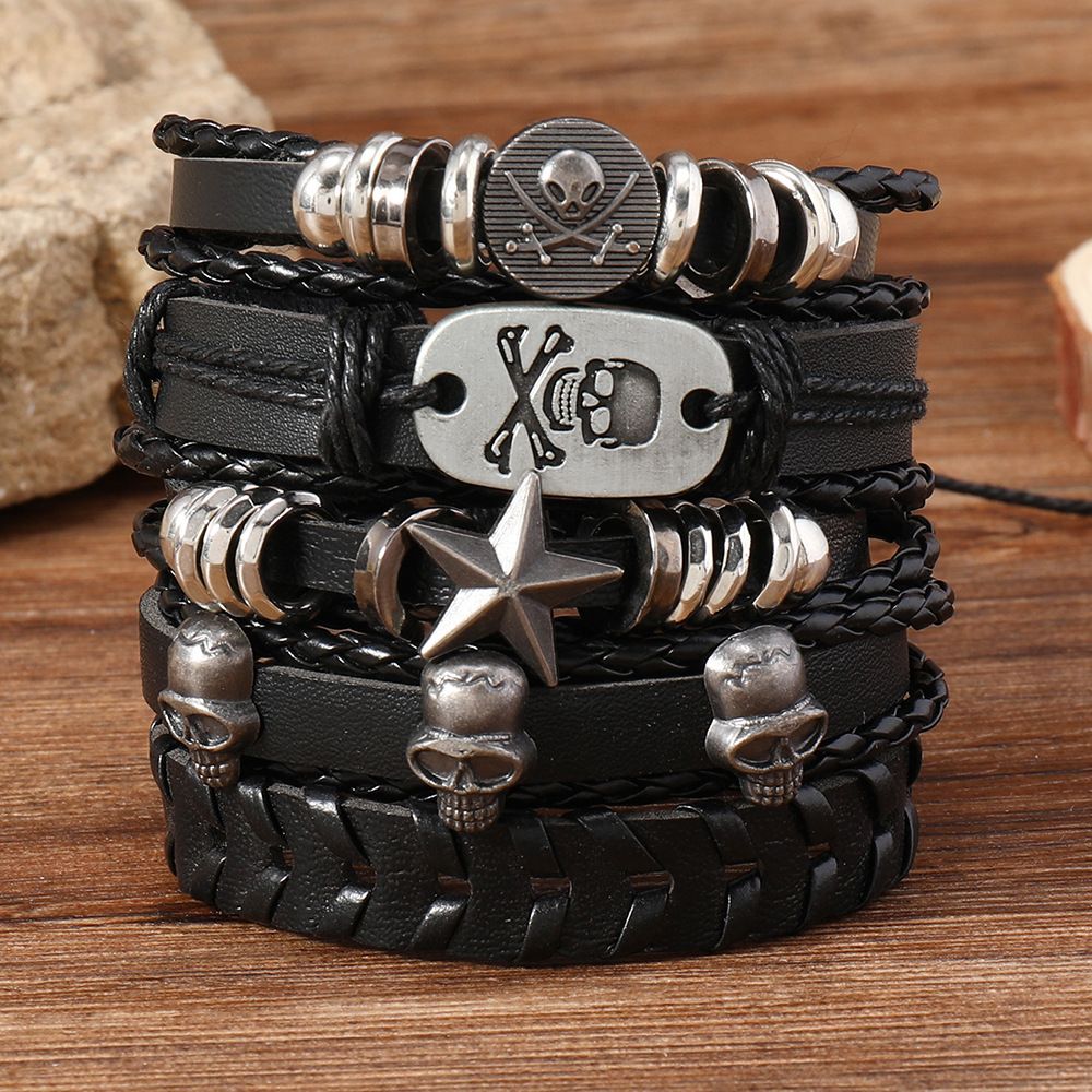 Punk Style Skull Series Leather Braided Multi-layer Pentagram Men's Bracelet Set Jewelry_ipsvogv.com
