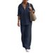 Women's clothing women's two-piece set women's lapel long-sleeved shirt spring and autumn casual solid color pants wide leg suit_ipsvogv.com
