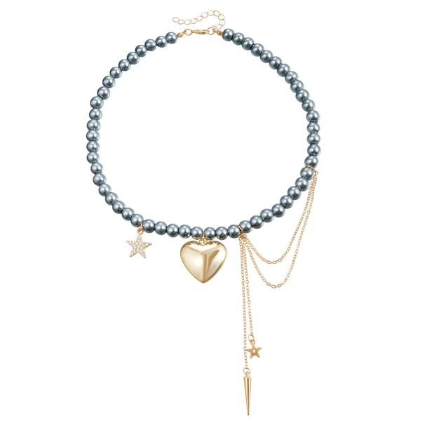 High Elegance Spray Painted Glass Bead Necklace Pentagram Love Pendant Tassel Clavicle Chain_ipsvogv.com