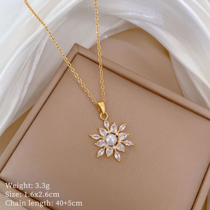 Steel 【 Titanium 】 Pearl Flower Zircon Light Luxury Temperament Gorgeous Full Diamond Necklace Women's Versatile 【 】_ipsvogv.com