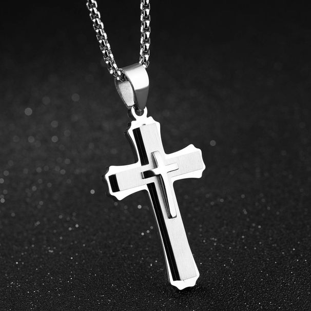 Men's Jewelry Retro Three Layer Cross Necklace Titanium Steel Domineering Necklace Boys Decoration Engraving Gift_ipsvogv.com