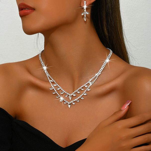 Women’s Jewelry Set Fashion Multi Layer Luxury Diamond Studded Full Diamond Pendant Necklace Earrings Two Piece Set Bride Wedding Necklace Earrings_ipsvogv.com