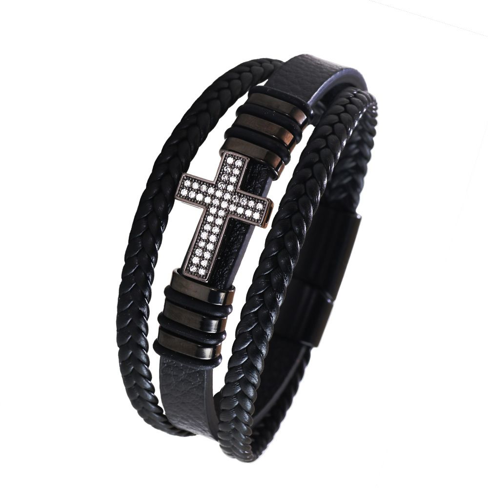 Men's Jewelry Copper Inlaid Zircon Cross Bracelet Fashionable PU Leather Rope Hand Woven Alloy Bracelet Jewelry_ipsvogv.com