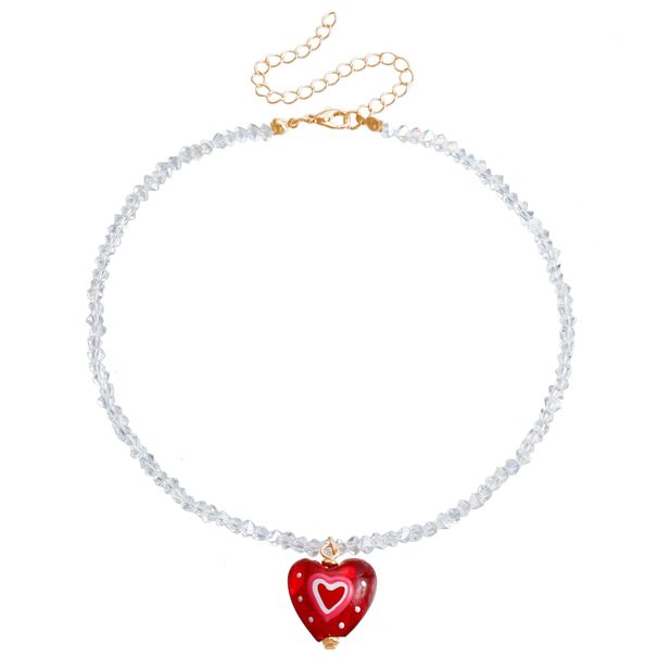 Sweet And Cute Red Love Pendant, Transparent Spinel Beaded Necklace, Girl Heart-shaped Necklace._ipsvogv.com