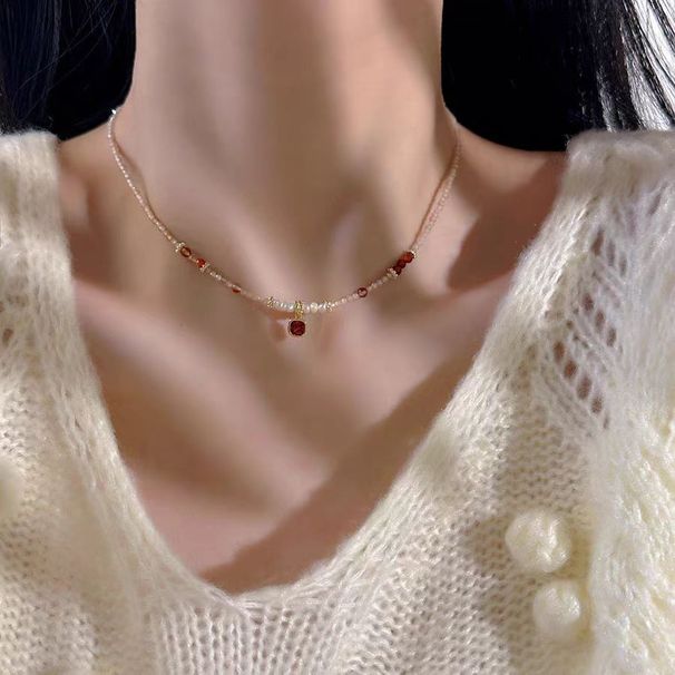 Red Bead Crystal Pearl Necklace For Women 2024 New Item, Light Luxury, Niche, High-end, Collarbone Chain, Neck Chain_ipsvogv.com