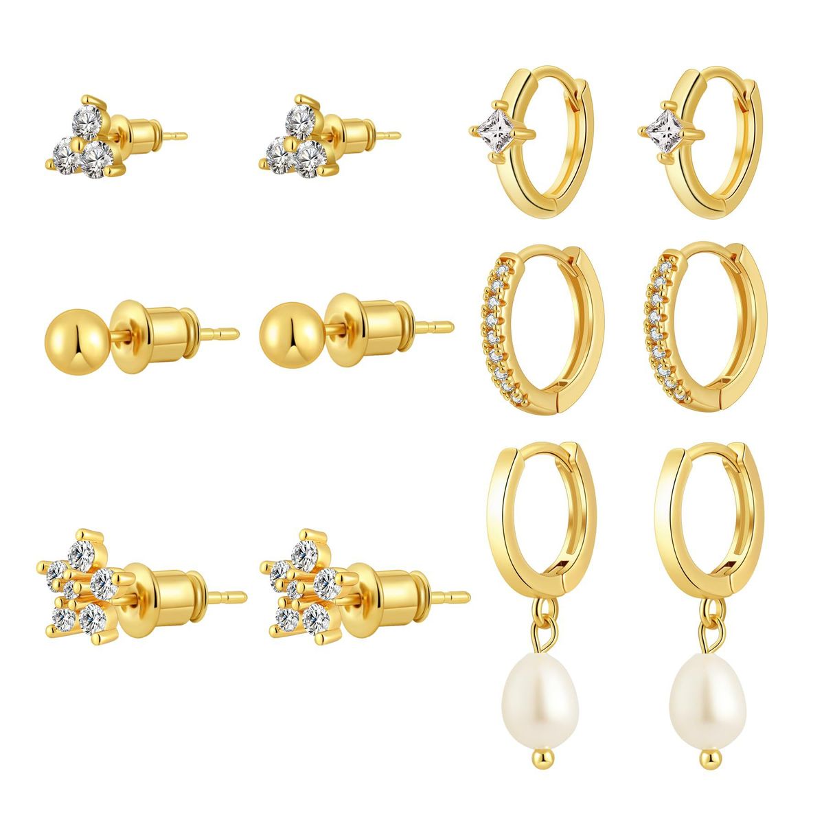 Unisex Hot Sales Real Gold Brass Electroplating Temperament Smooth Small Round Bead Five Pointed Flower Earrings Earring Set_ipsvogv.com
