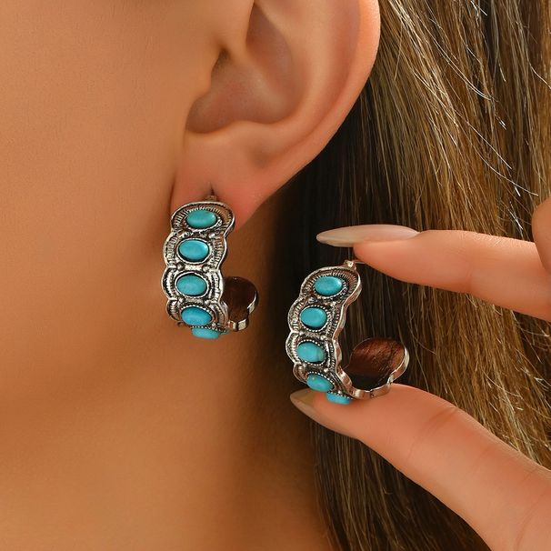 New Geometric Retro Earrings For Women Personality Inlaid Colorful Natural Stone Earrings Creative C Shaped Earrings For Women_ipsvogv.com