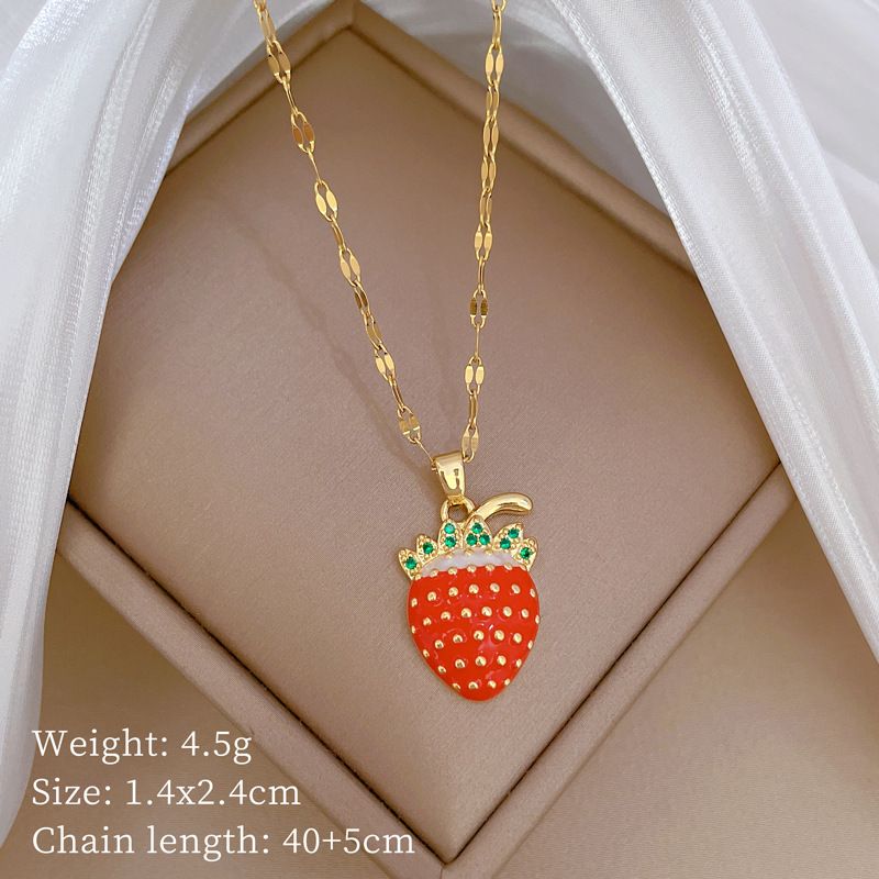 Fruit 【 】 Strawberry Light Luxury Charm Gorgeous Full Diamond Necklace Women's Versatile Clavicle Titanium Steel Chain 【 】_ipsvogv.com