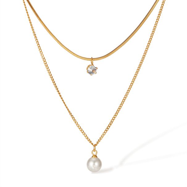 Women's Jewelry Fashion Necklace Ladies Stainless Steel Temperament Commuter Style Pearl Zircon Double Layer Clavicle Chain_ipsvogv.com