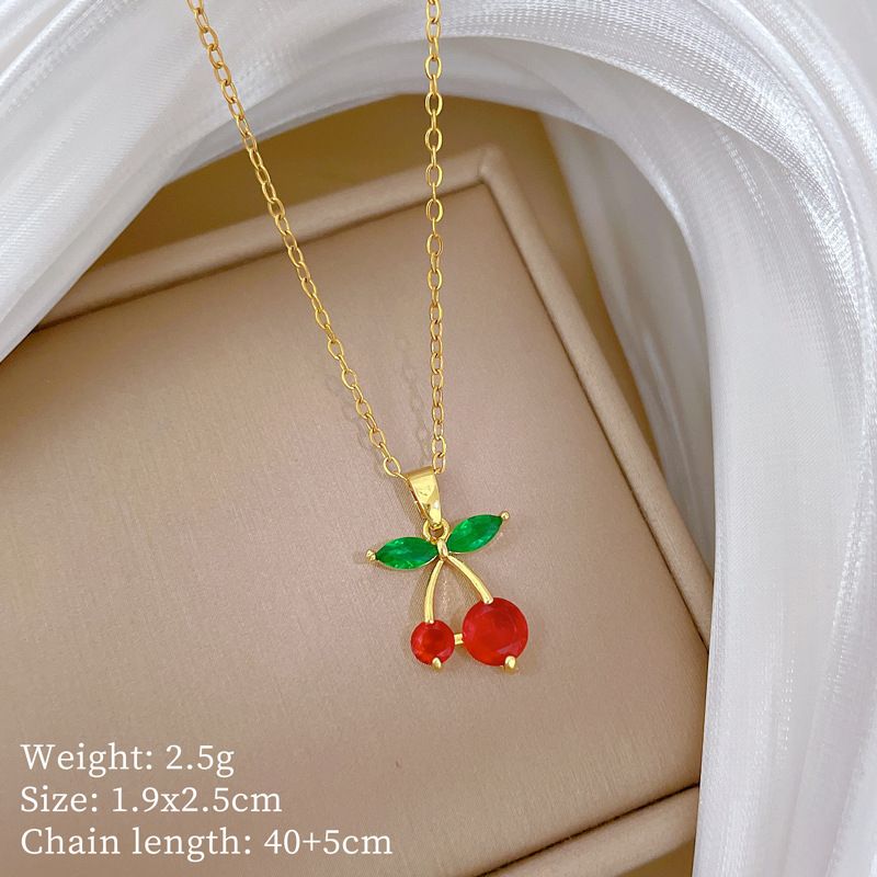 Steel 【 Titanium 】 Red Cherry Fruit Light Luxury Temperament Gorgeous Full Diamond Necklace Women's Versatile Collarbone 【 】_ipsvogv.com