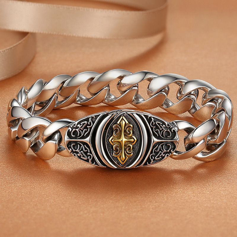 Cuban Bracelet For Men, Bold Hip-Hop Style, Trendy Luxury High-End Wide Cross Flower Flat Chain_ipsvogv.com