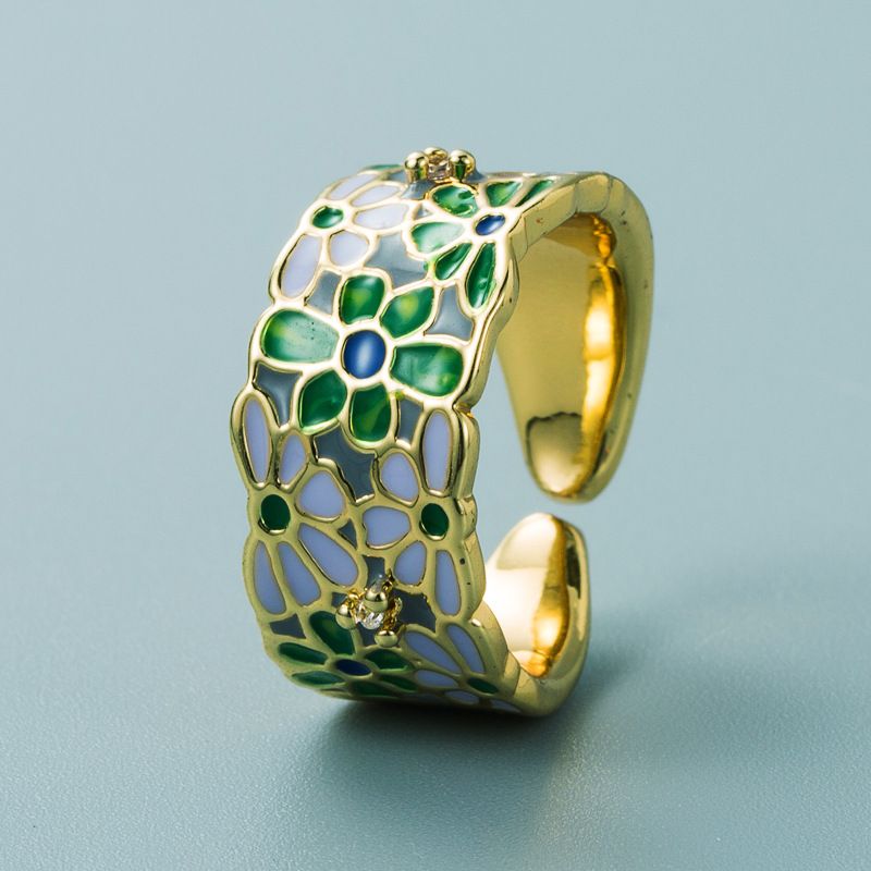 Instagram Fashion Trend Punk Style Copper Plated True Gold Drop Oil Blue And White Porcelain Pattern Hip Hop Open Ring_ipsvogv.com