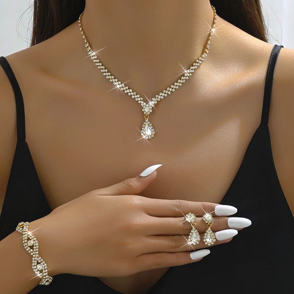 Gold Fashion OL Claw Chain Rhinestone Bridal Jewelry Full Diamond Tassel Necklace Earrings Bracelet Set_ipsvogv.com