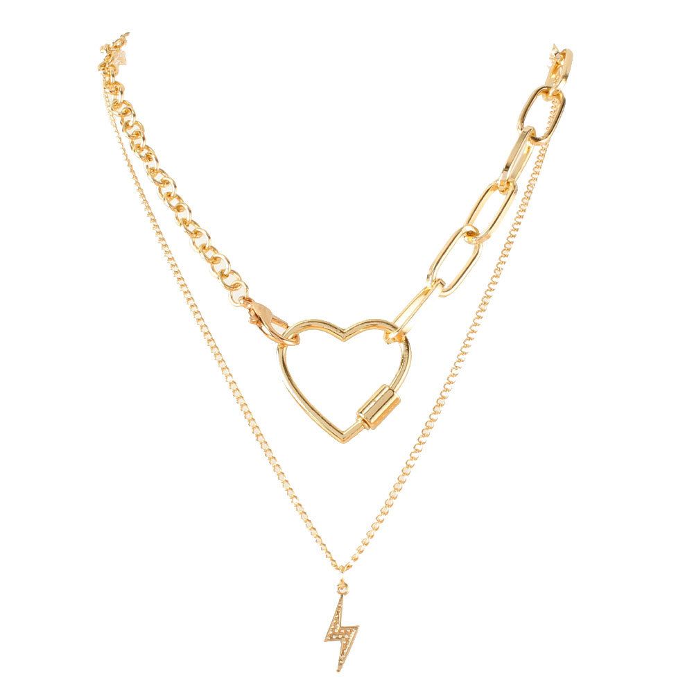 Necklace Alloy Heart Shaped Zircon Lightning Pendant Double Layer Clavicle Chain Necklace For Women_ipsvogv.com