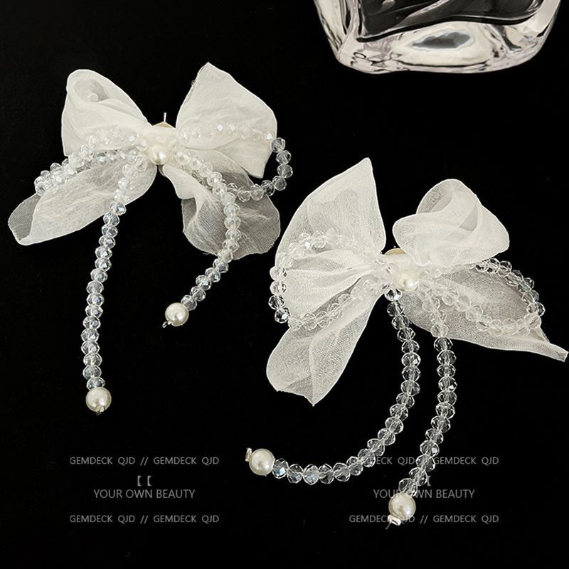 Unisex Super Fairy White Chiffon Romantic Crystal Bow Beaded Tassel Earrings Niche Design High End Temperament Earrings_ipsvogv.com