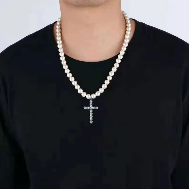 Men's Diamond Cross Minimalist Pearl Necklace, Men's Fashionable Jewelry_ipsvogv.com