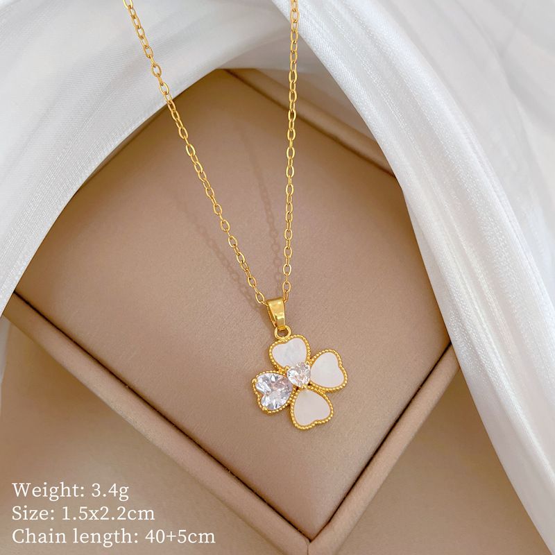 【 Titanium Steel 】 Necklace Earring Light Luxury Full Diamond Shell Four Leaf Flower Personalized Temperament Banquet_ipsvogv.com