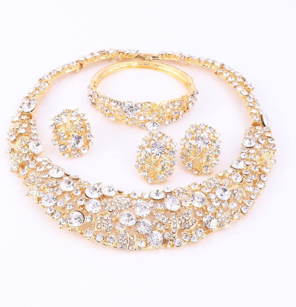 African Beads Gold Plated Shinning Flower Crystal Necklace Earrings Bangle Ring Jewelry Set_ipsvogv.com