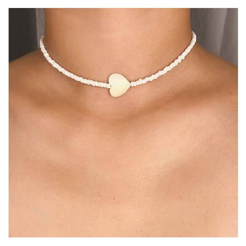 Bohemian Style Peach Heart Pearl Clavicle Necklace Colored Rice Bead Necklace Female_ipsvogv.com