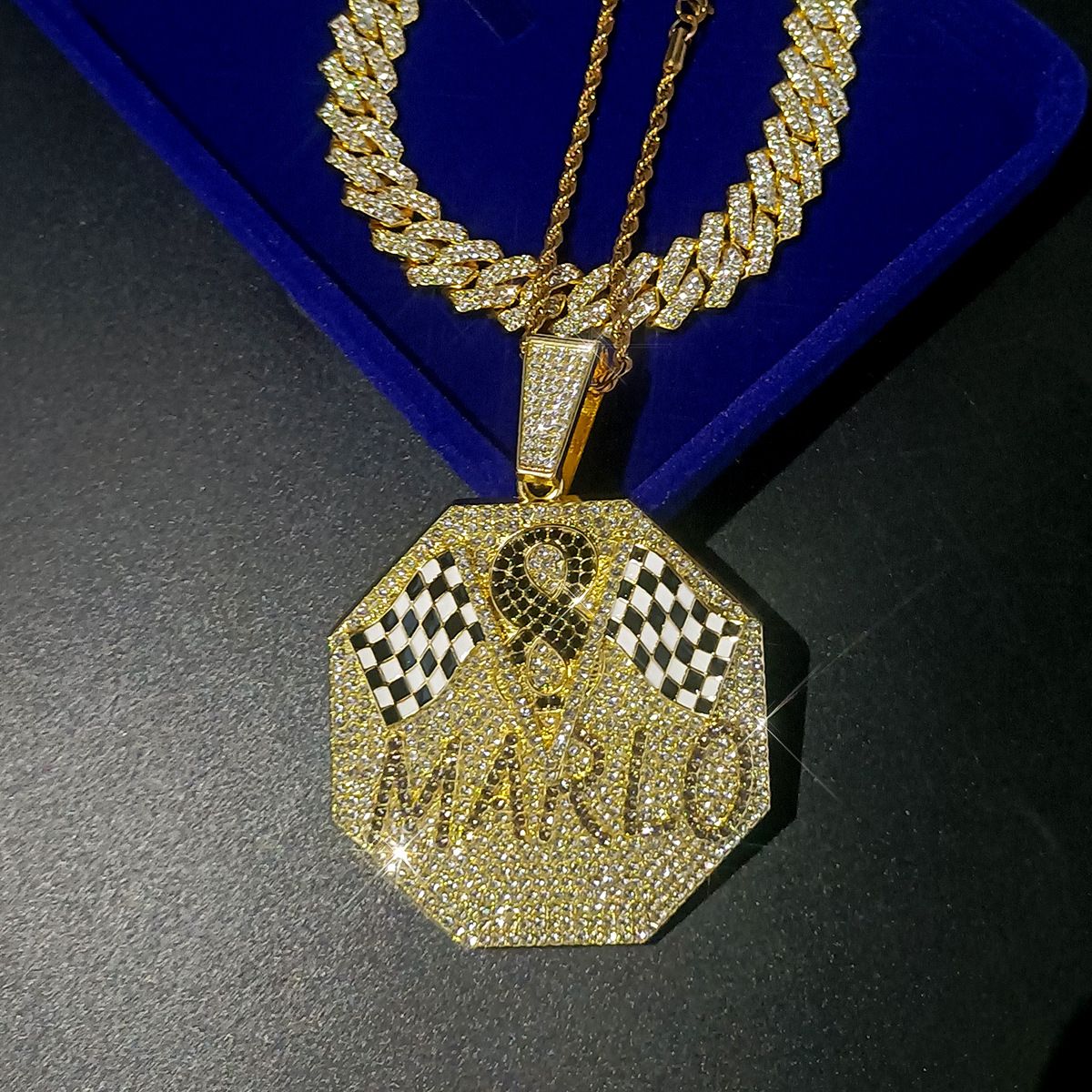 Jewelry Inlaid Diamond Octagon Enamel Letter Pendant Accessories Hip Hop Men's Necklace_ipsvogv.com