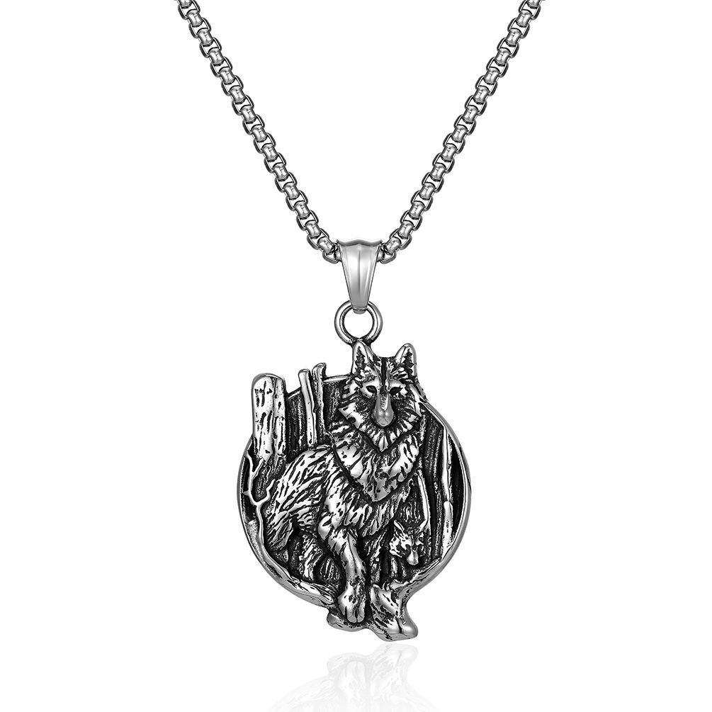 Retro Nordic style Viking wolf titanium steel necklace men's Viking text pendant personalized accessories_ipsvogv.com