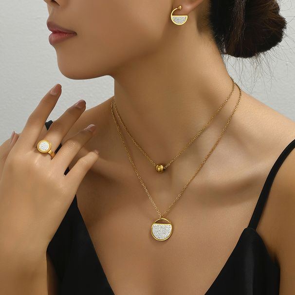 Ins Fresh Japanese and Korean Style Women's Ring Earring Necklace Personalized Zircon Set Round Clavicle Chain Versatile_ipsvogv.com