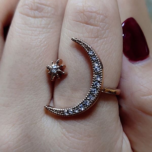 New crescent tooth star moon ring plated with creative exaggerated opening engagement ring_ipsvogv.com