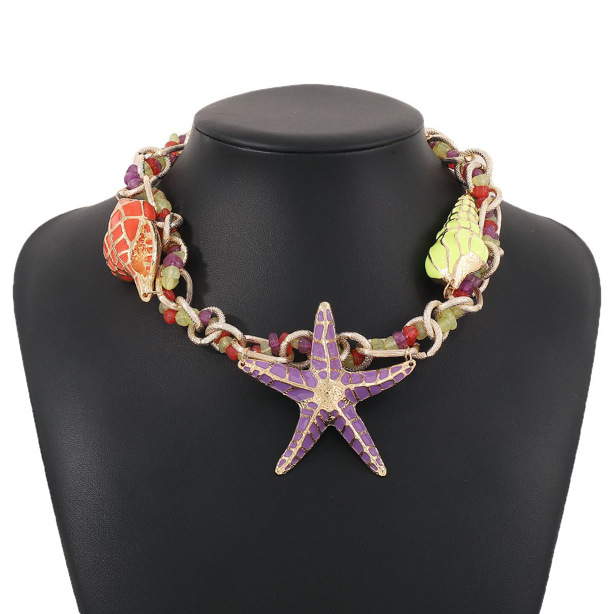 N10774 Leisure Vacation Style ZA Alloy Drip Oil Starfish Shell Exaggerated Beaded Necklace for Women_ipsvogv.com