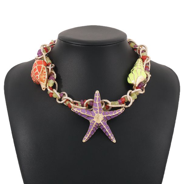 N10774 Leisure Vacation Style ZA Alloy Drip Oil Starfish Shell Exaggerated Beaded Necklace for Women_ipsvogv.com