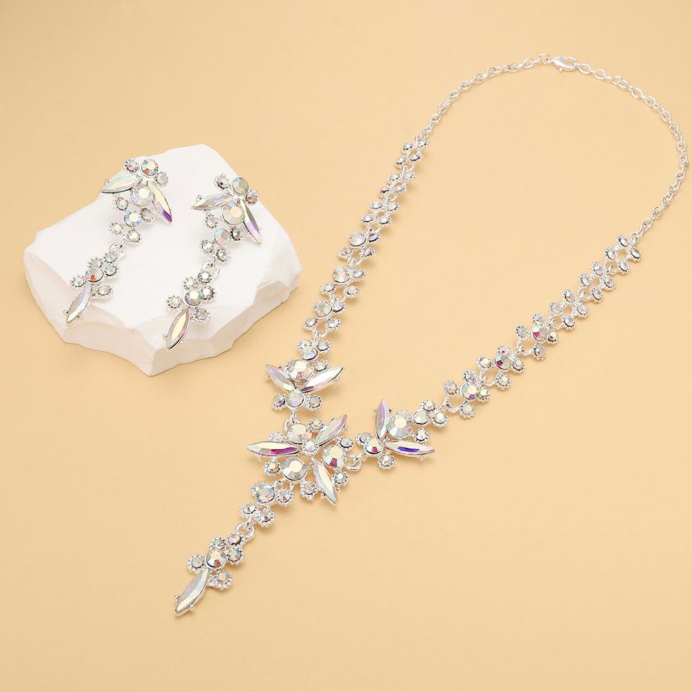 Diamond-Encrusted Water Drop Flower Tassel Necklace And Earrings Elegant Delicate Clavicle Chain Light Luxury High-End_ipsvogv.com