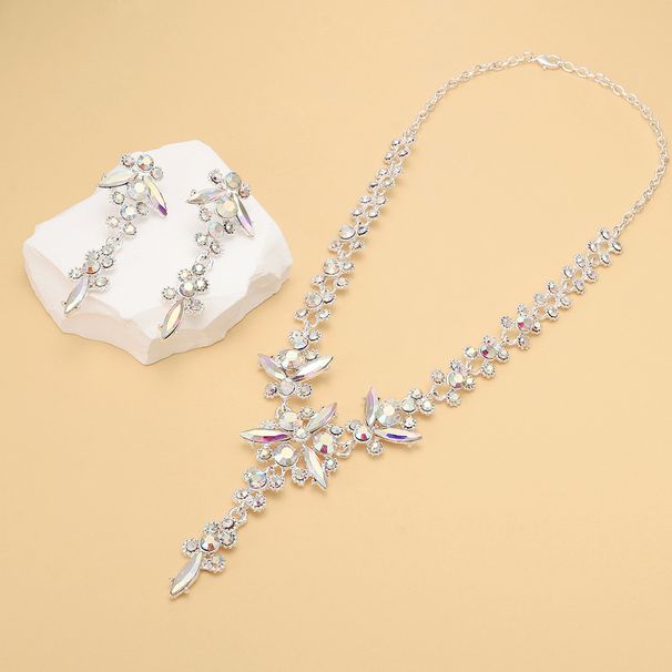 Diamond-Encrusted Water Drop Flower Tassel Necklace And Earrings Elegant Delicate Clavicle Chain Light Luxury High-End_ipsvogv.com