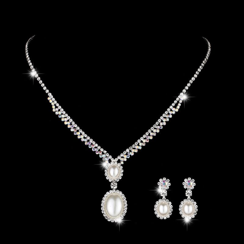 Elegant Bridal Jewelry Set - Silver Pearl Necklace & Earrings (Wedding Accessories, Classic Pearl Inlay Design)_ipsvogv.com