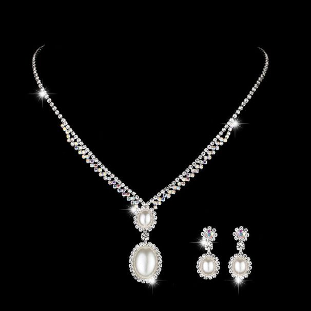 Elegant Bridal Jewelry Set - Silver Pearl Necklace & Earrings (Wedding Accessories, Classic Pearl Inlay Design)_ipsvogv.com
