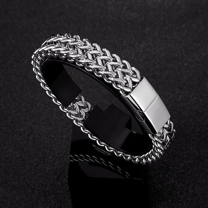 Men's Titanium Fashion Double Row Stainless Steel Hip Hop Trendy Thick Magnetic Clasp Cuban Bracelet_ipsvogv.com