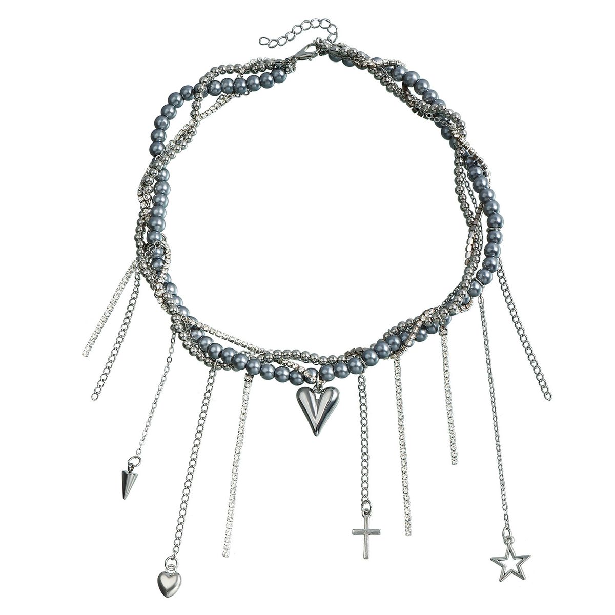 ins Sweet Cool Wind Love Crystal Fringed Cross Collarbone Chain Y2K Trend Multi-layer Necklace_ipsvogv.com
