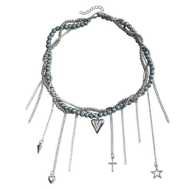 ins Sweet Cool Wind Love Crystal Fringed Cross Collarbone Chain Y2K Trend Multi-layer Necklace_ipsvogv.com