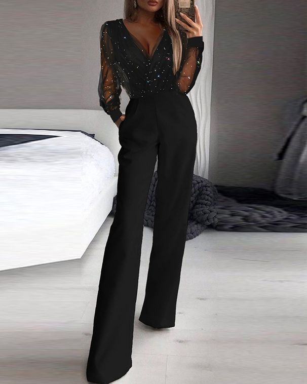 Women's clothing ready-made mesh jumpsuits with powdered splicing_ipsvogv.com
