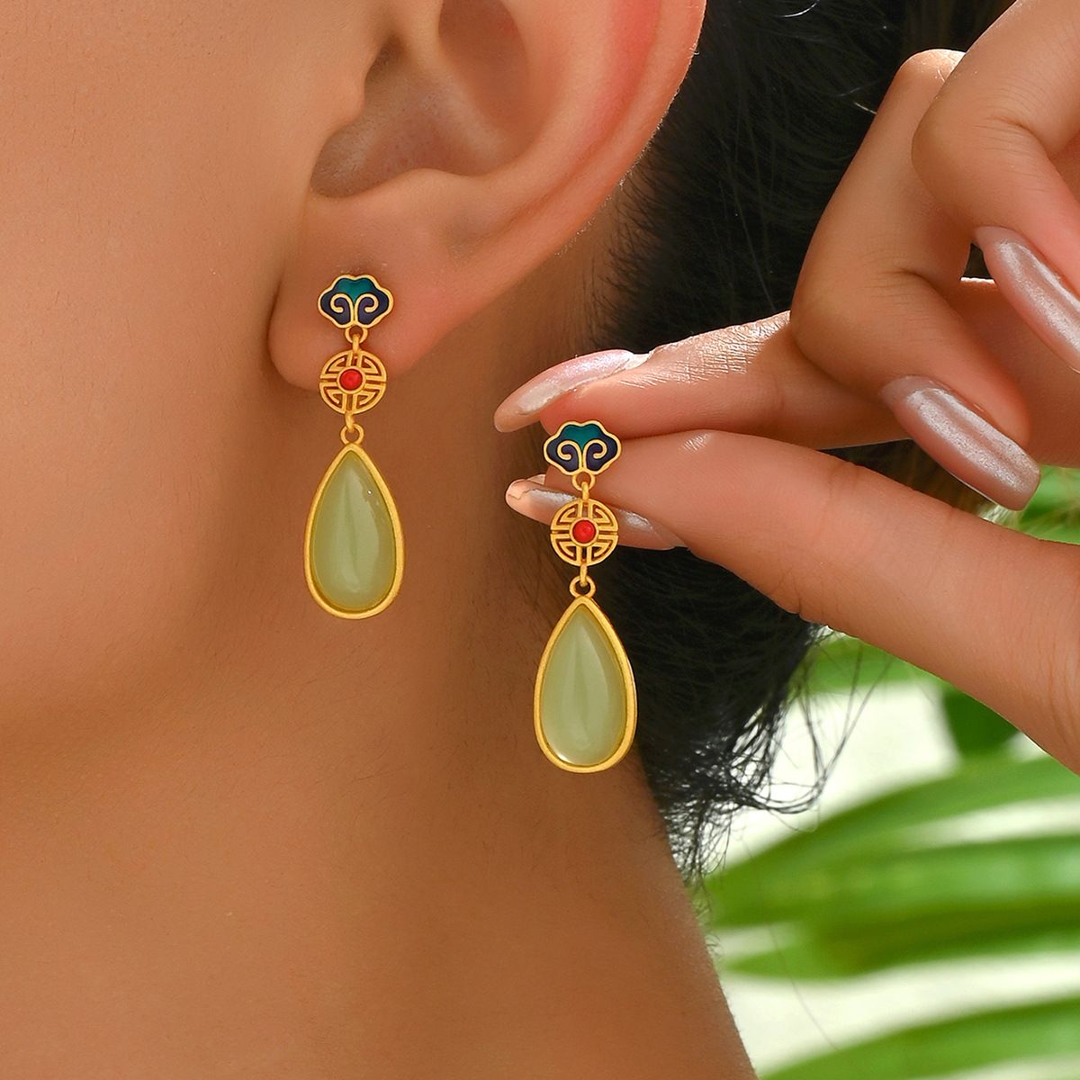 Small China-Chic Style Women's Geometric Color Painted Enamel Auspicious Pattern Advanced Design Earnails Versatile_ipsvogv.com