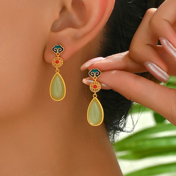 Small China-Chic Style Women's Geometric Color Painted Enamel Auspicious Pattern Advanced Design Earnails Versatile_ipsvogv.com
