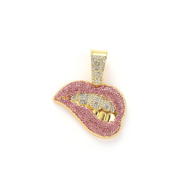Trendy Hip-hop Alloy Carved Red Lips Full Of Diamonds Sexy Mouth Pendant Cuban Chain Necklace_ipsvogv.com