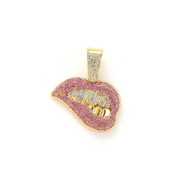 Trendy Hip-hop Alloy Carved Red Lips Full Of Diamonds Sexy Mouth Pendant Cuban Chain Necklace_ipsvogv.com
