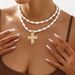 N12046 New Product Cross Pendant Necklace French Pearl Double Layer Stacked Collar Chain_ipsvogv.com