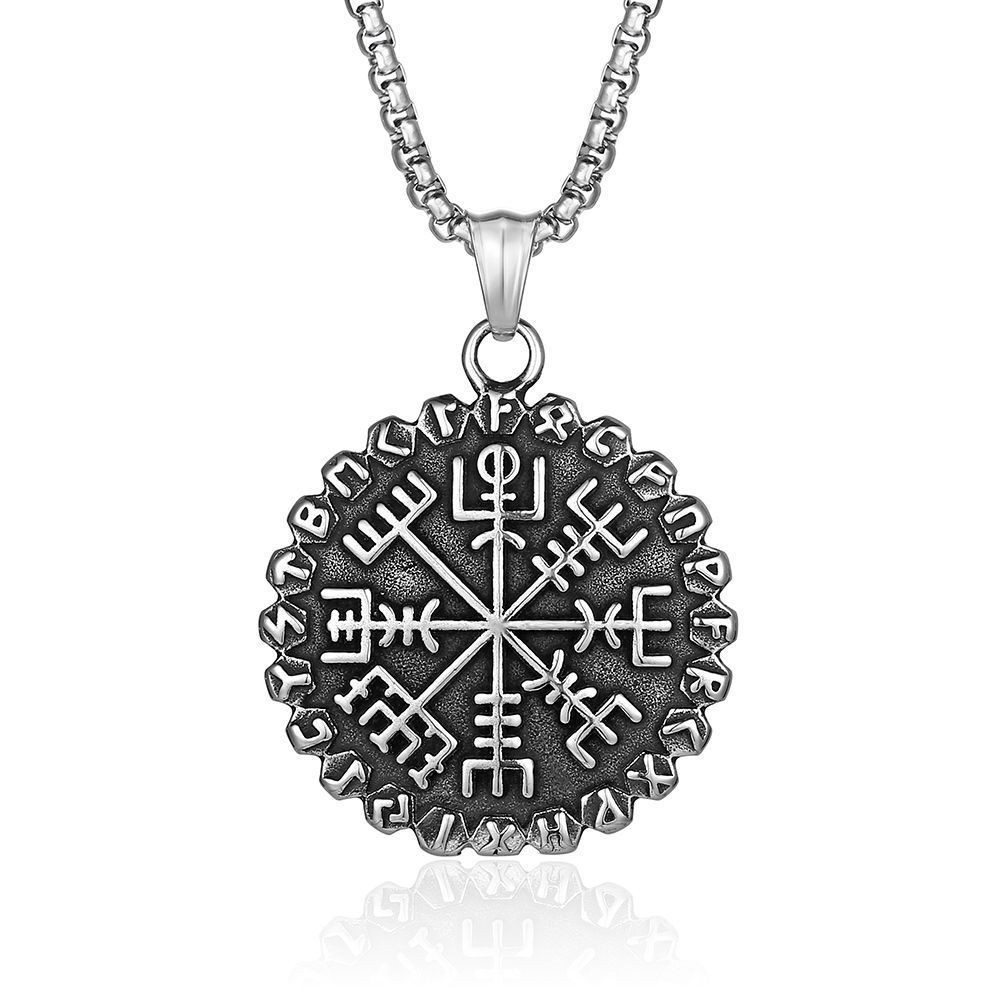 Retro Nordic style Viking text compass titanium steel necklace personality literary trend wear accessories_ipsvogv.com
