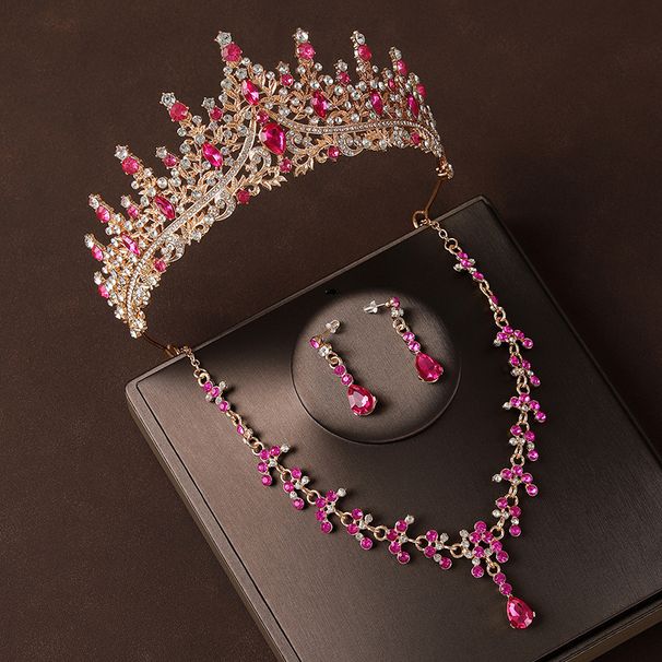 Crown headdress necklace earrings champagne rose red rhinestone birthday crown hair accessories bride wedding dress three piece suit_ipsvogv.com