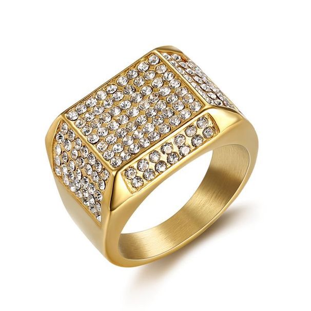 Trendy Nightclub Hip-Hop Titanium Steel Color-Retaining Gold-Plated Full Diamond Men's Ring_ipsvogv.com