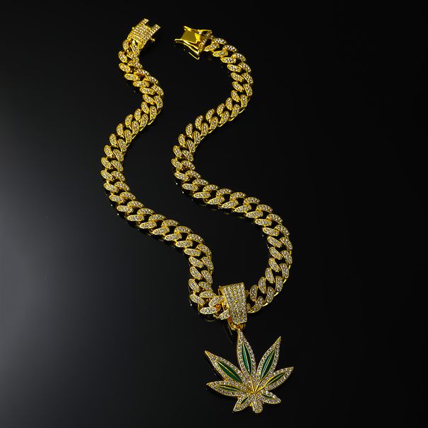 Trendy hip-hop rock diamond studded maple leaf necklace, fashionable light luxury style, unisex alloy Cuban chain_ipsvogv.com