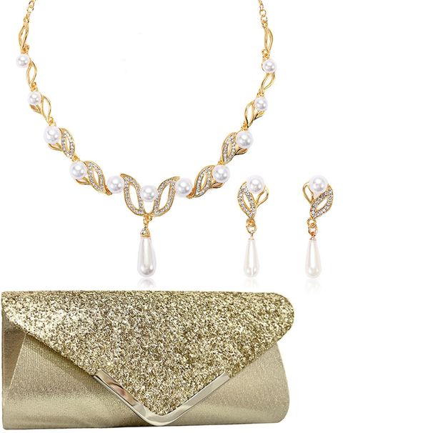Water drop pearl necklace Korean version of the fashion jewelry set earrings necklace evening bag 3 pieces_ipsvogv.com