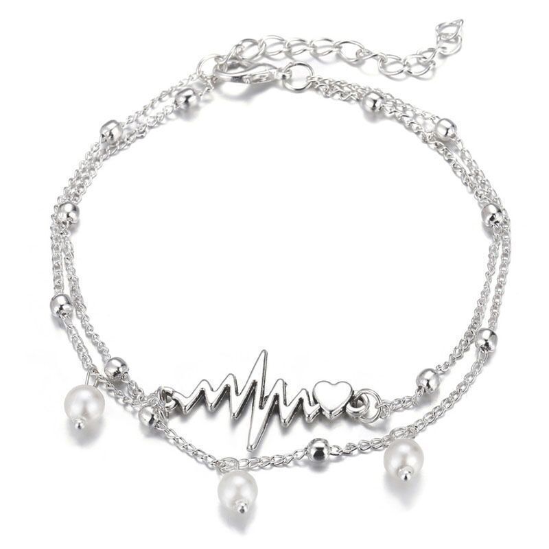 anklet creative double layer pearl anklet electrocardiogram personality simple foot ornaments_ipsvogv.com
